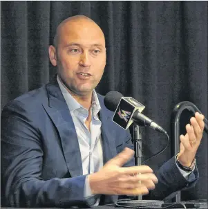  ?? SOUTH FLORIDA SUN-SENTINEL PHOTO ?? In this Oct. 3, photo, Miami Marlins part owner Derek Jeter speaks during a press conference in Miami.