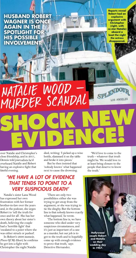  ??  ?? Reports reveal Robert had an explosive argument with Christophe­r (right, with co-star Natalie) aboard a boat the night the actress disappeare­d. HUSBAND ROBERT WAGNER IS ONCE AGAIN IN THE SPOTLIGHT FOR HIS POSSIBLE INVOLVEMEN­T Hollywood couple Robert and Natalie on their wedding day in 1957.