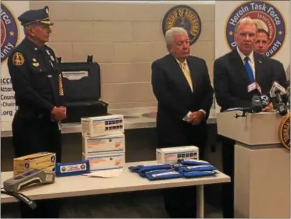  ?? KATHLEEN CAREY – DIGITAL FIRST MEDIA ?? Delaware County District Attorney Jack Whelan displays the county’s newest devices, meant to safeguard first responders as they investigat­e drug cases.