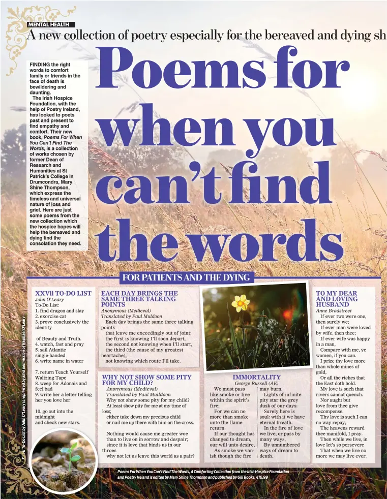  ?? ?? Poems For When You Can’t Find The Words, A Comforting Collection from the Irish Hospice Foundation and Poetry Ireland is edited by Mary Shine Thompson and published by Gill Books, ¤16.99