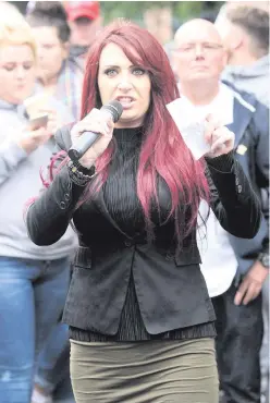  ??  ?? Britain First’s deputy leader Jayda Fransen makes the speech at Belfast City Hall that led to her being charged by police and (left) Donald Trump