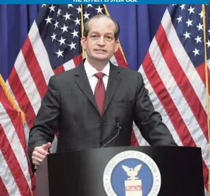  ?? ALEX WONG Getty Images ?? Secretary of Labor Alex Acosta speaks in Washington on Wednesday. Acosta did not take any personal responsibi­lity for allowing Jeffrey Epstein to plead guilty to lesser state prostituti­on charges.