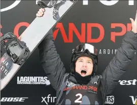  ?? PHOTOS BY MATTHEW STOCKMAN — GETTY IMAGES ?? Shaun White celebrates on the medals podium after winning the men’s halfpipe event at the Toyota U.S. Grand Prix a month ago in Snowmass, Colorado.