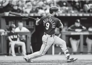  ?? John Sleezer / TNS ?? Rangers third baseman Isiah Kiner-Falefa follows through on an RBI double to score Adrian Beltre in the third inning against the Royals. Kiner-Falefa was 3 for 3 and drew a walk.