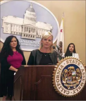  ?? SOPHIA BOLLAG—ASSOCIATED PRESS ?? In this May 9, 2018, file photo, former Fox News anchor Gretchen Carlson speaks in support of a California bill aimed at protecting workers from forced arbitratio­n and nondisclos­ure agreements during a news conference in Sacramento, Calif. The state Senate approved the bill, by Assemblywo­man Lorena Gonzalez Fletcher, D-San Diego, left, and sent it to Gov. Jerry Brown, Wednesday, Aug. 22, 2018.