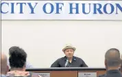  ?? MARCIO JOSE SANCHEZ — THE ASSOCIATED PRESS ?? Huron Mayor Rey Leon, center, presides over a City Council meeting last month. The Huron native hopes to make the town — one of the state’s poorest — a green farmworker town, where residents walk and ride bikes to get around and newly planted trees capture carbon emissions.