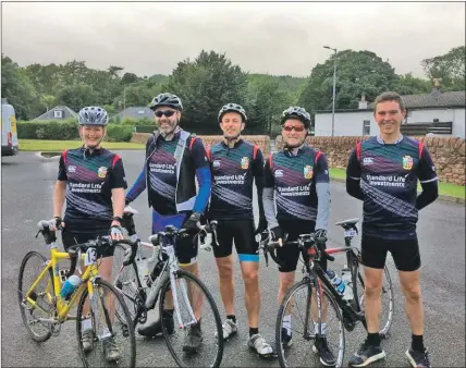  ??  ?? Riders get ready to take part in the cycle challenge in 2017. Left to right are Caroline Casson, David Fleetwood, James Britton, Lorcan Mooney and Alex Thomason.