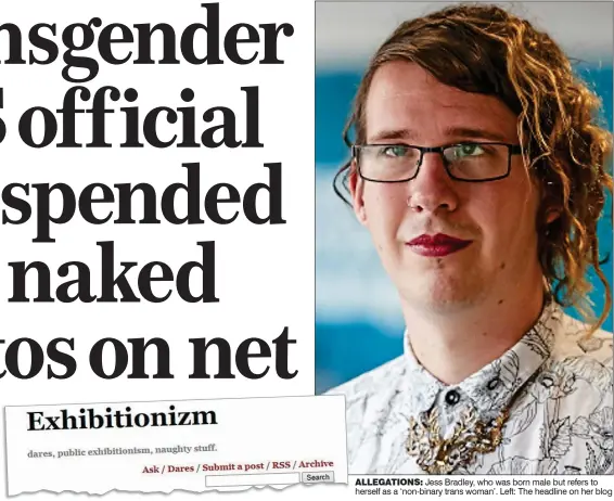  ??  ?? ALLEGATION­S: Jess Bradley, who was born male but refers to herself as a ‘non-binary trans woman’. Left: The headline on her blog