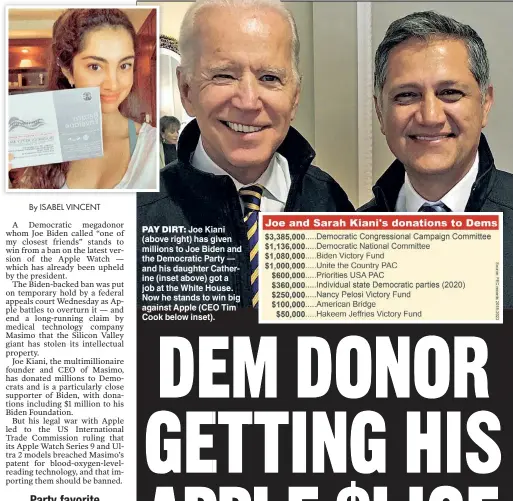  ?? ?? PAY DIRT: Joe Kiani (above right) has given millions to Joe Biden and the Democratic Party — and his daughter Catherine (inset above) got a job at the White House. Now he stands to win big against Apple (CEO Tim Cook below inset).