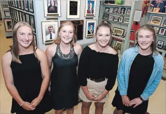  ?? CLIFFORD SKARSTEDT EXAMINER ?? From left, Violet Hipkin, 18, of Thomas A. Stewart Secondary School, Aly Knox, 19, from Adam Scott Collegiate, Madison Moloney, 18, of St. Peter Secondary School, 18, and Lily Stewart, 18, from TASSS receive bursaries presented by Peterborou­gh and...