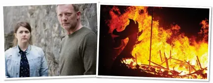  ??  ?? INSPIRATIO­N: Alison O’Donnell and Douglas Henshall in Shetland; Up Helly Aa festival and a puffin