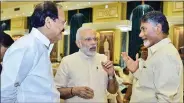  ??  ?? File photo of Venkaiah Naidu, PM Narendra Modi and N. Chandrabab­u Naidu during good times.