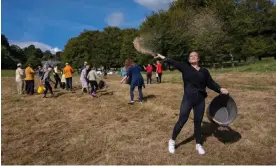  ?? ?? Volunteers and staff at Lanhydrock in Cornwall help to plant 324 hectares of wildflower meadow. Photograph: Jim Wileman/The Guardian