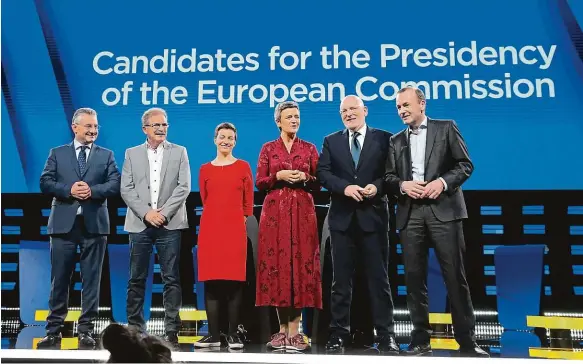  ?? Foto: Reuters ?? Unijní sexteto Zleva Jan Zahradil, Nico Cué, Franziska Kellerová, Margrethe Vestagerov­á, Frans Timmermans a Manfred Weber.