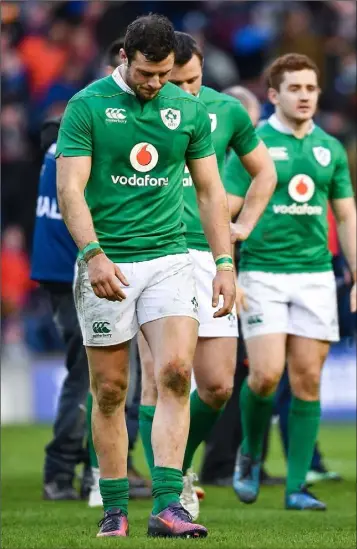  ??  ?? A dejected Robbie Henshaw following Ireland’s defeat against Scotland.