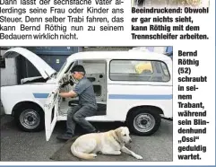  ??  ?? Beeindruck­end: Obwohl er gar nichts sieht, kann Röthig mit dem Trennschle­ifer arbeiten. Bernd Röthig (52) schraubt in seinem Trabant, während sein Blindenhun­d „Ossi“geduldig wartet.