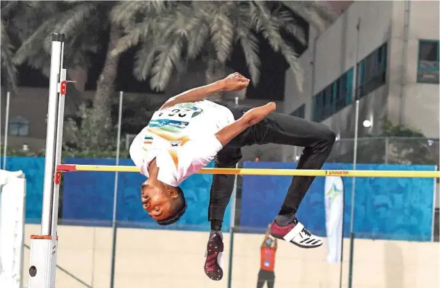  ??  ?? ↑
India’s Nishad Kumar competes during the men’s high jump F42/44/64 event at the Dubai Club for Disabled.