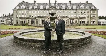  ??  ?? Shake on it Sharkey Gleneagles managing director Bernard Murphy, left, with RCS principal Professor Jeffrey