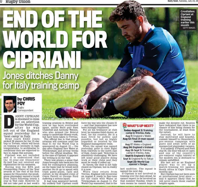  ?? GETTY IMAGES ?? Crestfalle­n: Cipriani at England training earlier this month