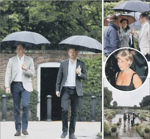  ?? PICTURES: KIRSTY WIGGLESWOR­TH/PA ?? SADNESS: William and Harry tour the memorial space left in memory of their mother, Diana; the princes were accompaned by William’s wife, Kate.