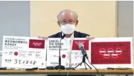  ??  ?? Lawyer Kenji Utsunomiya shows off placards as he attends a news conference after submitting a petition calling for the Tokyo 2020 Olympics to be cancelled to Tokyo Governor Yuriko Koike
(not in picture) at the Tokyo Metropolit­an Office Press Club in Tokyo.