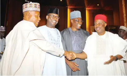  ?? Photo: Felix Onigbinde ?? From left: Governor of Borno State, Kashim Shetima; Governor of Niger State, Abubakar Sani Bello; Governor of Kwara State, Abdulfatah Ahmed and Governor of Anambra State, Willie Obiano, during the National Economic Council meeting at the Presidenti­al...