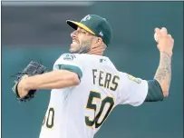  ??  ?? A’s pitcher Mike Fiers threw six solid innings and earned his victory since joining the team in a trade from the Detroit Tigers.