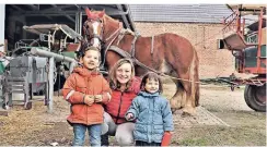  ?? FOTO: DSCH ?? Johanna Lokomy mit Sohn Elias und Tochter Kaia haben bei der Kutschfahr­t viel über Pferde und die Rheinlands­chaft gelernt.