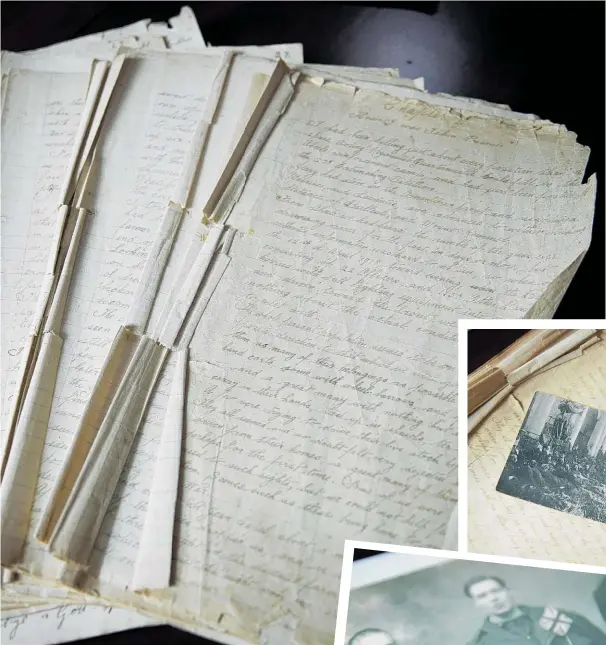  ??  ?? Left: The 109-page manuscript; Below: A postcard sent to Bert Hansen in the 1920s from a priest living near the scene of one of the Kiwi’s escapes; Bert Hansen (centre), in Europe during World War I.