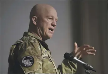  ?? PHOTO COURTESY OF AIR FORCE/TECH. SGT. ROBERT CLOYS ?? Gen. John W. Raymond, United States Space Force Chief of Space Operations, speaks Tuesday at the first-ever Test Pilot School Space Test Fundamenta­ls Course graduation at Edwards Air Force Base.