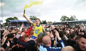  ?? Photograph: Nathan Stirk/Getty Images ?? Solihull Moors’ Joe Sbarra celebrates with fans after the win over Chesterfie­ld that took the club to the playoff final.