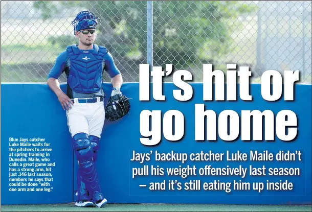  ?? FRANK GUNN/THE CANADIAN PRESS ?? Blue Jays catcher
Luke Maile waits for the pitchers to arrive at spring training in Dunedin. Maile, who calls a great game and has a strong arm, hit just .146 last season, numbers he says that could be done “with one arm and one leg.”