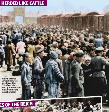  ??  ?? Newly arrived Jewish inmates are forced by SS officers into two queues — one destined for the gas chambers