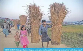  ?? —AFP ?? COX’S BAZAR: Rohingya Muslim refugees carry grass stalks used for thatching roofs as they walk along a path inside the Thankhali refugee camp yesterday.