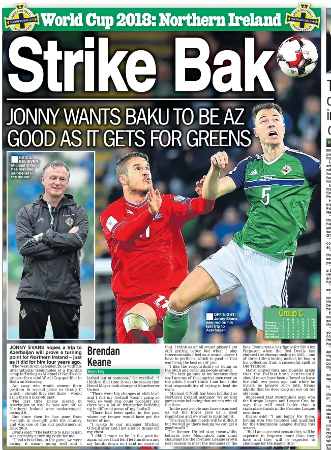  ??  ?? HE’S A BELIEVER: Michael O’Neill has instilled self-belief in the squad JONNY EVANS hopes a trip to Azerbaijan will prove a turning point for Northern Ireland – just as it did for him four years ago. OFF NIGHT: Jonny Evans saw red on his last trip to...