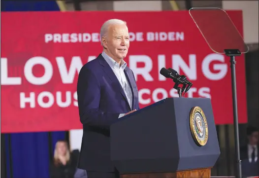  ?? PHOTOS BY STEVE MARCUS ?? President Joe Biden speaks Tuesday during a Month of Action event at the Stupak Community Center in Las Vegas. Biden focused his speech on his plans to make housing more affordable.