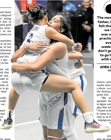  ?? —LEO M. SABANGAN II ?? Afril Bernardino jumps into the arms of Clare Castro right after the final buzzer.