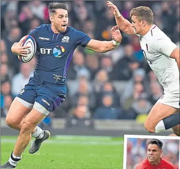  ??  ?? Sean Maitland in Calcutta Cup action and on club duty with Saracens (inset)