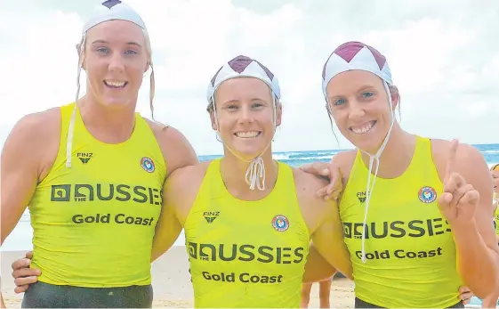  ?? Picture: HARVPIX ?? Northcliff­e's Danielle McKenzie, Hannah Sculley and Georgia Miller after winning the board relay yesterday.