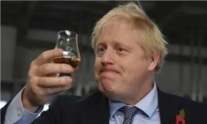  ??  ?? ‘Like a grotesque illustrati­on to some cautionary nursery rhyme.’ Boris Johnson at the Roseisle distillery near Elgin, November 2019. Photograph: Daniel Leal-Olivas/AP