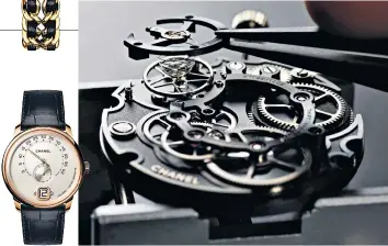  ??  ?? Left to right: Chanel’s first watch, 1987’s Première; the J12 Tourbillon Joaillerie from 2007; one of three secret-watch rings accompanie­d by a jewellery box topped with a gold frog, 2019