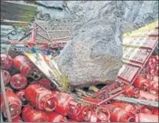  ?? PTI ?? Damaged LPG cylinders after a boulder fell on another truck on the Jammu-Srinagar national highway in Ramban on Sunday.