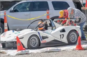  ?? GARY NYLANDER/Special to the Okanagan Newspaper Group ?? Jorgen Krause, driving a 2021 Rush SR, gets a push to the start line during the 2022 Knox Mountain Hill Climb in May. The City of Kelowna's proposed anti-idling bylaw, expected to be approved Monday, would not apply to race cars such as the ones that participat­e in the annual Knox Mountain Hill Climb. There are numerous other exceptions as well.