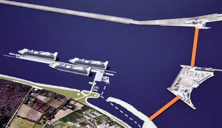  ??  ?? Fuori dalla laguna Il progetto di De Piccoli prevede un terminal per 4 navi alla bocca di Lido: da lì i passeggeri saranno portati in Marittima in 55 minuti