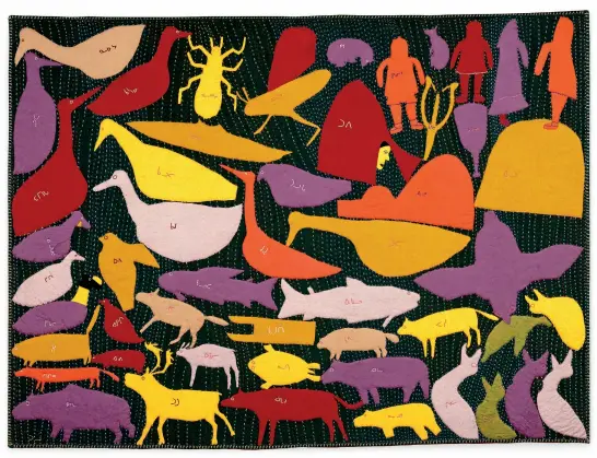  ??  ?? BELOW
Marion Tuu’luq (1910–2002 Qamani’tuaq) —
Untitled
1979–80
Duffel, felt, embroidery floss and beadwork
113.5 × 150 cm
COLLECTION CANADA
COUNCIL ART BANK
PHOTO LIPMAN STILL PICTURES ᐊᑕᓃᑦᑐᖅ ᒥᐊᕆᔭᓐ ᑐ’ᓗᕐᒃ (1910–2002 ᖃᒪᓂᑦᑐᐊᕐᒥᑦ) — ᑕᐃᒡᒍᓯᖃᖖᒋᑦᑐ­ᖅ
1979–80 ᖃᓪᓗᓇᖅᑕᖅ ᐃᔾᔪᔪᖅ, ᖃᓪᓗᓈᖅᑕᖅ ᑕᖅᓯᖅᓱᖅᓯᒪᓪᓗ­ᓂ ᐊᒻᒪ ᓱᖓᐅᔭᓕᖅᓱᖅᓯᒪ­ᓪᓗᓂ 113.5 × 150 cm ᐱᔭᐅᓯᒪᔪᑦ ᑲᓇᑕᒥ ᑲᑎᒪᔨᖏᑦᑕ ᓴᓇᐅᒐᖃᕐᕕᐊᓂᑦ ᑮᓇᐅᔭᖃᕐᕕᐊᓂᑦ ᐊᔾᔨᓕᐅᕆᔨ ᓕᑉᒪᓐ ᔅᑎᐅᓪ ᐊᔾᔨᖑᐊᑦ
