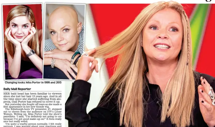  ??  ?? Changing looks: Miss Porter in 1999 and 2015 Emotional: Gail Porter wearing her wig in public for the first time on ITV’s Loose Women yesterday