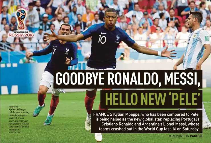  ?? REUTERS PIC ?? France’s
Kylian Mbappe celebrates scoring their fourth goal in the 4-2 win over Argentina in Saturday’s World Cup last-16 match in Kazan.