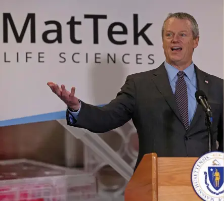  ?? MATT STONE / HERALD STAFF ?? ‘WORK TOGETHER’: Gov. Charlie Baker speaks at MatTek Life Sciences on Tuesday in Ashland.