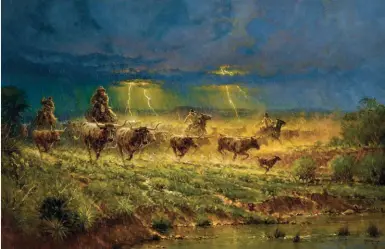  ??  ?? G. Harvey (1933-2017), Rawhide and Thunder, 2003, oil on canvas, 42 x 64”. Sold at Christie’s. Estimate: $250/350,000 SOLD: $750,000