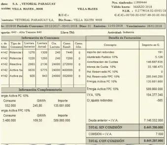  ??  ?? De acuerdo con la factura emitida por la ANDE a nombre de Vetorial, a la fecha la empresa tiene una deuda acumulada de G. 8.441 millones. Otro clavo que dejó la firma.